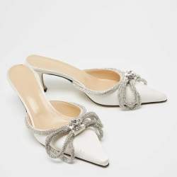 Pre Owned Mach & Mach White Satin Bow Embellished Pointed Toe Mule Sandals Size 39