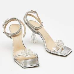 Pre Owned Mach & Mach Silver/Transparent PVC and Leather Crystal Embellished Ankle Strap Sandals Size 39