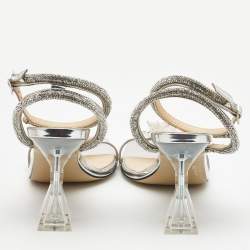 Pre Owned Mach & Mach Silver/Transparent PVC and Leather Crystal Embellished Ankle Strap Sandals Size 39