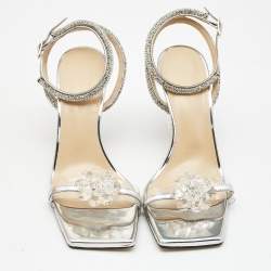 Pre Owned Mach & Mach Silver/Transparent PVC and Leather Crystal Embellished Ankle Strap Sandals Size 39