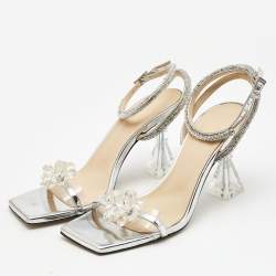 Pre Owned Mach & Mach Silver/Transparent PVC and Leather Crystal Embellished Ankle Strap Sandals Size 39