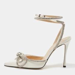 مملوكة مسبقًا Mach & Mach White Satin Crystal Embellished Double Bow Ankle Wrap Sandals Size 37.5