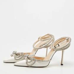مملوكة مسبقًا Mach & Mach White Satin Crystal Embellished Double Bow Ankle Wrap Sandals Size 37.5