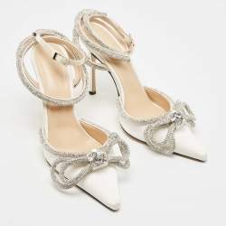 مملوكة مسبقًا Mach & Mach White Satin Crystal Embellished Double Bow Ankle Wrap Sandals Size 37.5
