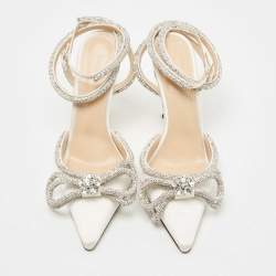 مملوكة مسبقًا Mach & Mach White Satin Crystal Embellished Double Bow Ankle Wrap Sandals Size 37.5