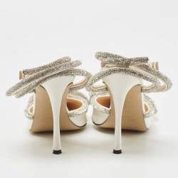 مملوكة مسبقًا Mach & Mach White Satin Crystal Embellished Double Bow Ankle Wrap Sandals Size 37.5