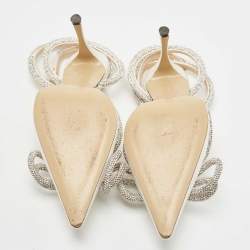 مملوكة مسبقًا Mach & Mach White Satin Crystal Embellished Double Bow Ankle Wrap Sandals Size 37.5