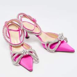 Pre Owned Mach & Mach Pink Satin Crystal Bow Ankle Strap Sandals Size 35
