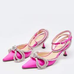 Pre Owned Mach & Mach Pink Satin Crystal Bow Ankle Strap Sandals Size 35