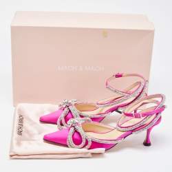 Pre Owned Mach & Mach Pink Satin Crystal Bow Ankle Strap Sandals Size 35