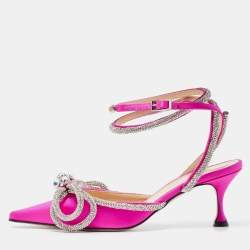 Pre Owned Mach & Mach Pink Satin Crystal Bow Ankle Strap Sandals Size 35