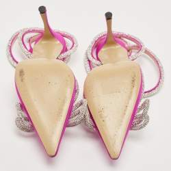 مملوكة مسبقًا Mach & Mach Magenta Satin Double Bow Crystal Embellished Ankle Wrap Pumps Size 37
