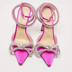 مملوكة مسبقًا Mach & Mach Magenta Satin Double Bow Crystal Embellished Ankle Wrap Pumps Size 37