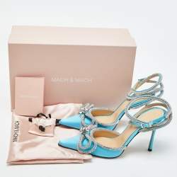 مملوكة مسبقًا Mach & Mach Blue Satin Crystal Bow Ankle Wrap Pumps Size 38.5