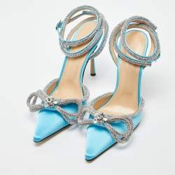 مملوكة مسبقًا Mach & Mach Blue Satin Crystal Bow Ankle Wrap Pumps Size 38.5