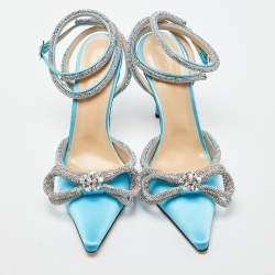 مملوكة مسبقًا Mach & Mach Blue Satin Crystal Bow Ankle Wrap Pumps Size 38.5