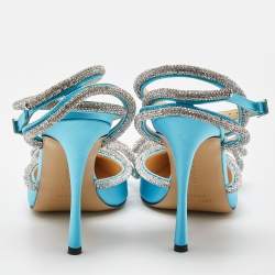مملوكة مسبقًا Mach & Mach Blue Satin Crystal Bow Ankle Wrap Pumps Size 38.5