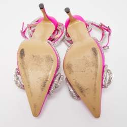 Pre Owned Mach & Mach Pink Satin Double Bow Crystal Embellished Ankle Tie Pumps Size 38