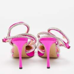 Pre Owned Mach & Mach Pink Satin Double Bow Crystal Embellished Ankle Tie Pumps Size 38