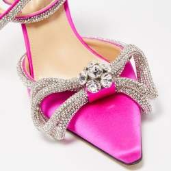 Pre Owned Mach & Mach Pink Satin Double Bow Crystal Embellished Ankle Tie Pumps Size 38