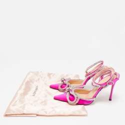 Pre Owned Mach & Mach Pink Satin Double Bow Crystal Embellished Ankle Tie Pumps Size 38