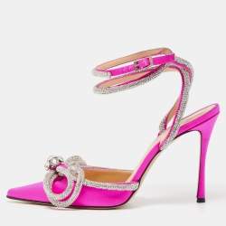 Pre Owned Mach & Mach Pink Satin Double Bow Crystal Embellished Ankle Tie Pumps Size 38