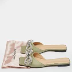 Pre Owned Mach & Mach Mint Green Satin Crystal Embellished Double Bow Flat Slides Size 38
