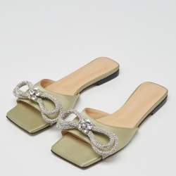 Pre Owned Mach & Mach Mint Green Satin Crystal Embellished Double Bow Flat Slides Size 38