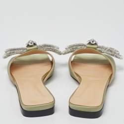 Pre Owned Mach & Mach Mint Green Satin Crystal Embellished Double Bow Flat Slides Size 38