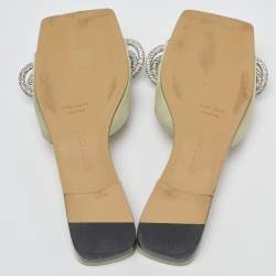 Pre Owned Mach & Mach Mint Green Satin Crystal Embellished Double Bow Flat Slides Size 38