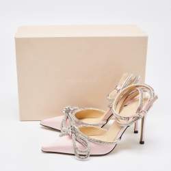 Pre Owned Mach & Mach Pink Satin Crystal Embellished Double Bow Ankle Wrap Pumps Size 36