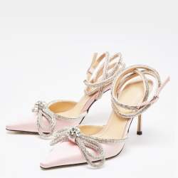 Pre Owned Mach & Mach Pink Satin Crystal Embellished Double Bow Ankle Wrap Pumps Size 36