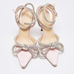 Pre Owned Mach & Mach Pink Satin Crystal Embellished Double Bow Ankle Wrap Pumps Size 36