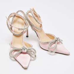 Pre Owned Mach & Mach Pink Satin Crystal Embellished Double Bow Ankle Wrap Pumps Size 36