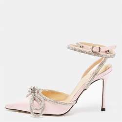 Pre Owned Mach & Mach Pink Satin Crystal Embellished Double Bow Ankle Wrap Pumps Size 36