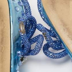 Pre Owned Mach & Mach Blue Studded PVC Crystal Embellished Double Bow Mules Size 39