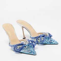 Pre Owned Mach & Mach Blue Studded PVC Crystal Embellished Double Bow Mules Size 39