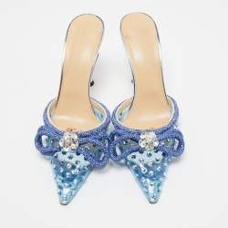 Pre Owned Mach & Mach Blue Studded PVC Crystal Embellished Double Bow Mules Size 39