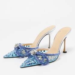 Pre Owned Mach & Mach Blue Studded PVC Crystal Embellished Double Bow Mules Size 39