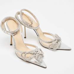Pre Owned Mach & Mach Silver PVC and Patent Leather Double Bow Crystals Sandals Size 39