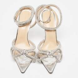 Pre Owned Mach & Mach Silver PVC and Patent Leather Double Bow Crystals Sandals Size 39