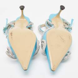 Pre Owned Mach & Mach Blue Satin Crystal Bow Ankle Wrap Pumps Size 40.5