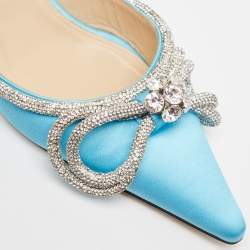 Pre Owned Mach & Mach Blue Satin Crystal Bow Ankle Wrap Pumps Size 40.5
