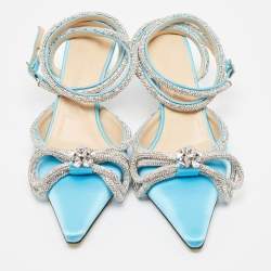 Pre Owned Mach & Mach Blue Satin Crystal Bow Ankle Wrap Pumps Size 40.5