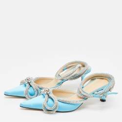 Pre Owned Mach & Mach Blue Satin Crystal Bow Ankle Wrap Pumps Size 40.5