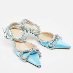 Pre Owned Mach & Mach Blue Satin Crystal Bow Ankle Wrap Pumps Size 40.5