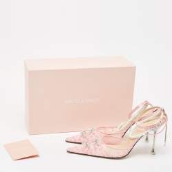 Pre Owned Mach & Mach Pink Satin and Lace Crystal Embellished Ankle Strap Pumps Size 39.5