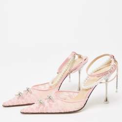 Pre Owned Mach & Mach Pink Satin and Lace Crystal Embellished Ankle Strap Pumps Size 39.5