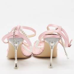 Pre Owned Mach & Mach Pink Satin and Lace Crystal Embellished Ankle Strap Pumps Size 39.5