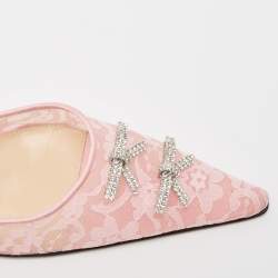 Pre Owned Mach & Mach Pink Satin and Lace Crystal Embellished Ankle Strap Pumps Size 39.5